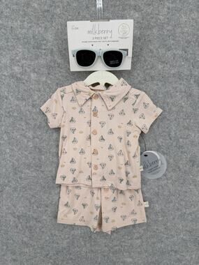 NWT Milkberry Sunny Sail Nautical Boat Shirt, Shorts & Sunglass Set Size 0-3M